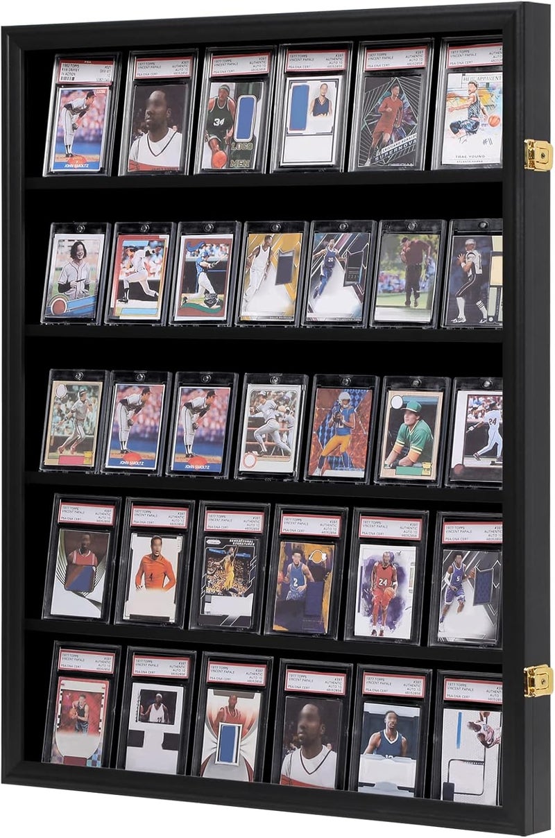 VERANI 35 Baseball Card Display Case - Graded Sports Card Display Frame - Holds Sport Cards with UV Protection Clear View Lockable Wall Cabinet for Football Basketball Hockey Trading Card Large Black - Image 1